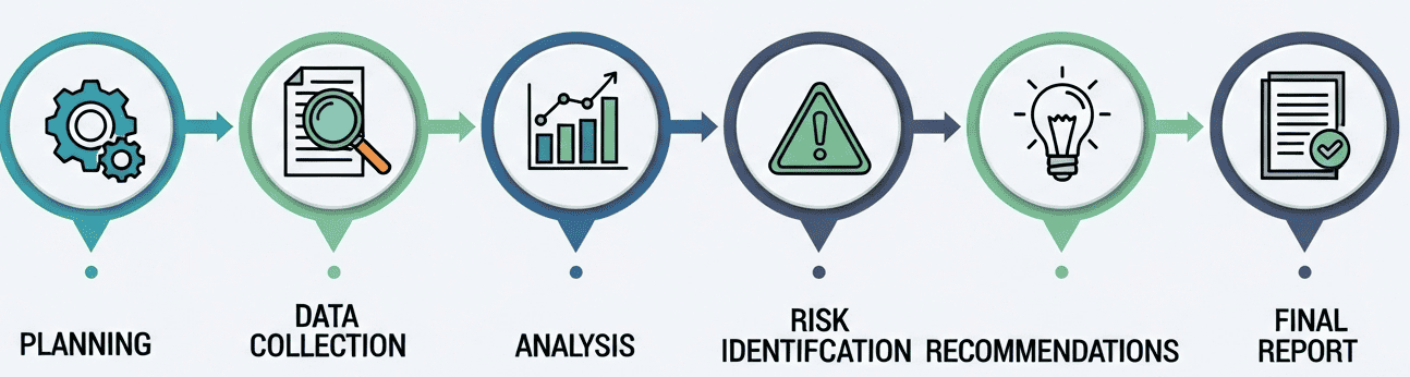 Step-by-step Tax Health Check process by Vina Bookkeeping – Planning, data collection, analysis, risk identification, recommendations, final reporting